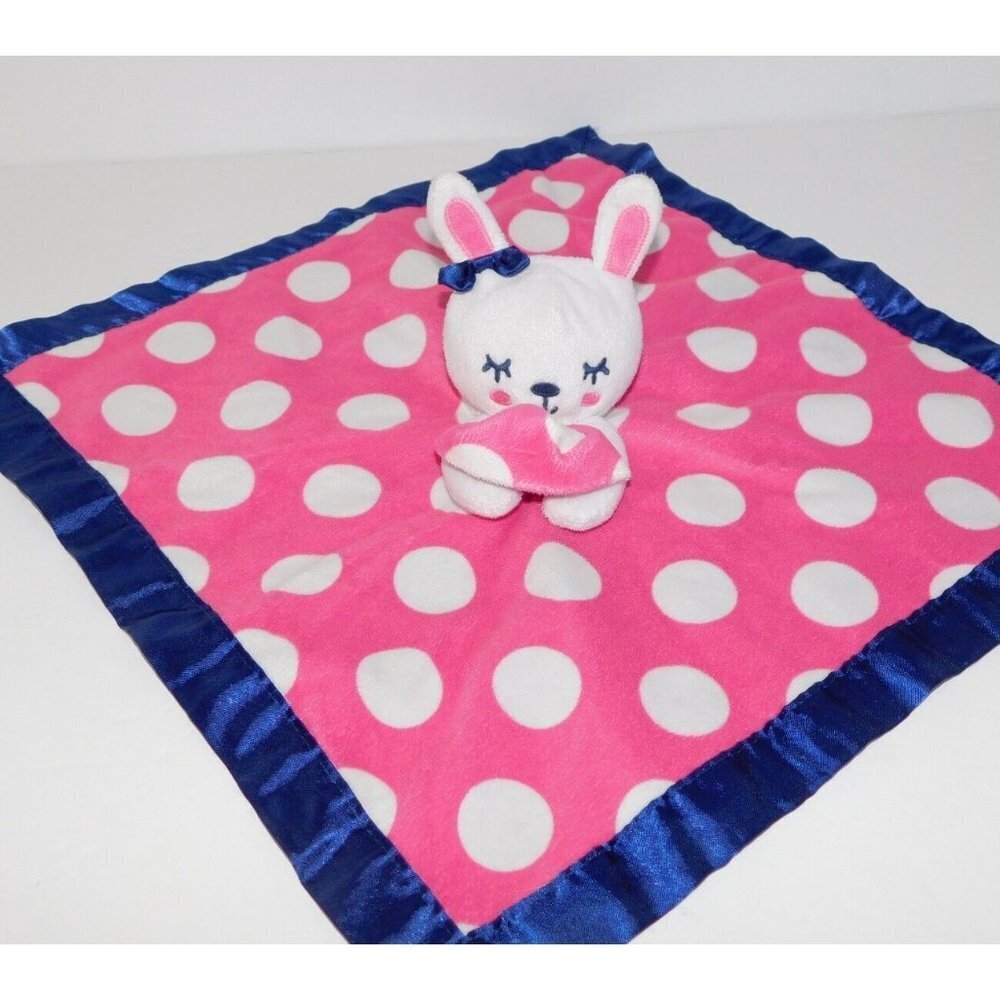 Old Navy White Bunny Pink polka Dot Blue Trim Plush Security Blanket Nunu Lovey
